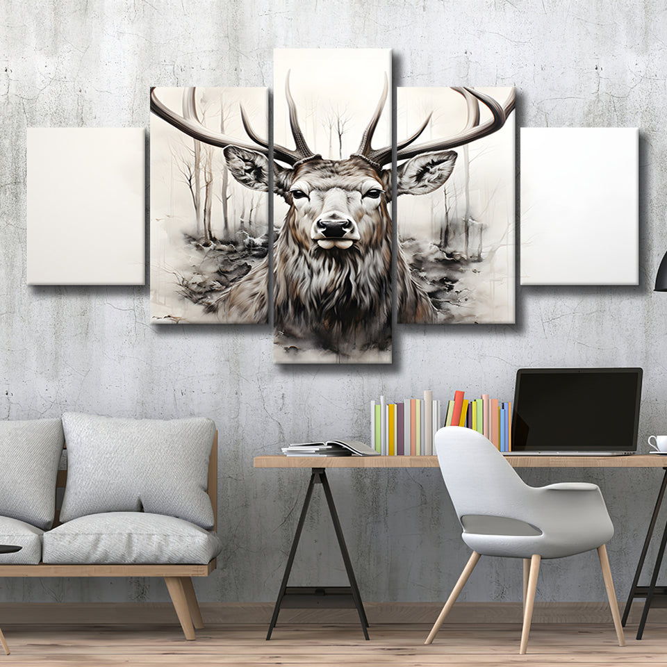 Deer Stag Head Sketch Pencil Draw Grey Background V1 5 Panels Canvas Prints Wall Art Home Decor, Large Mixed Canvas
