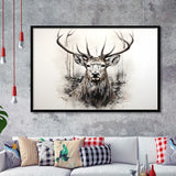 Deer Stag Head Sketch Pencil Draw Grey Background V1 Framed Art Prints Wall Decor, Painting Art, Framed Picture