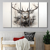 Deer Stag Head Sketch Pencil Draw Grey Background V1 5 Panels B Canvas Prints Wall Art Home Decor, Extra Large Canvas