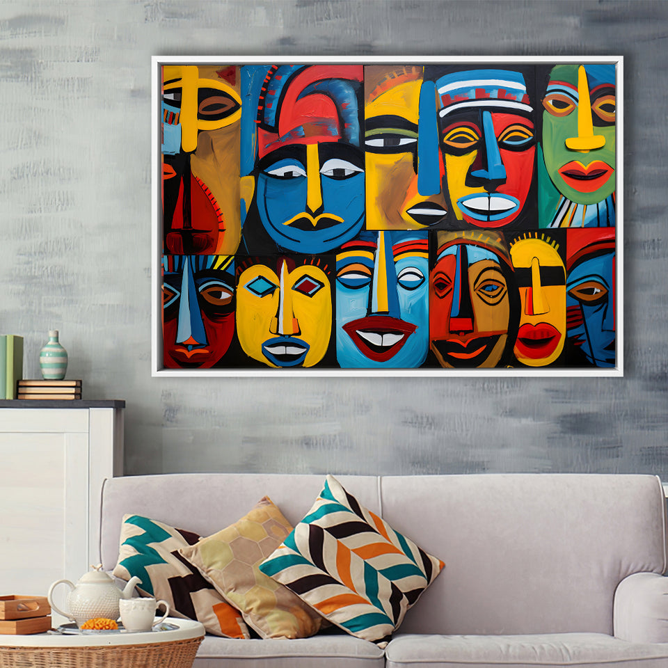 Diffirent Mask Native American Abstract Faces Painting Framed Canvas Prints Wall Art Home Decor, Floating Frame
