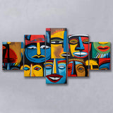 Diffirent Mask Native American Abstract Faces Painting 5 Panels Canvas Prints Wall Art Home Decor, Large Mixed Canvas