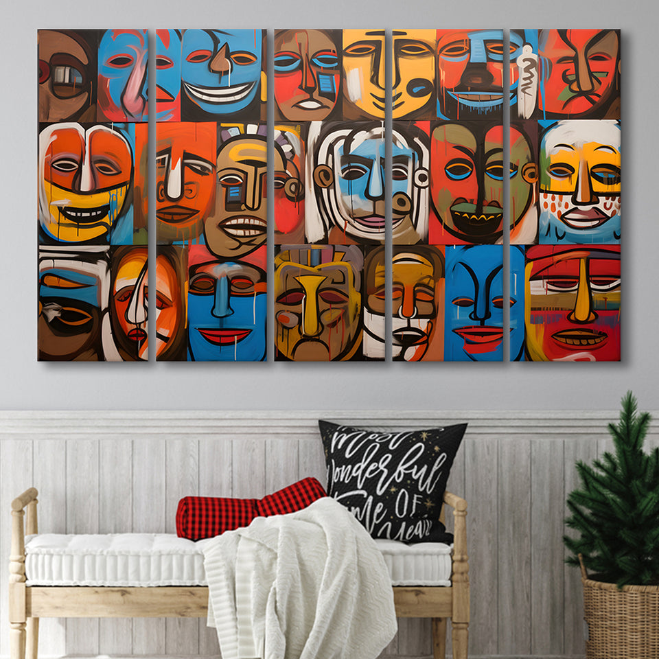 Diffirent Mask Native American Abstract Faces Painting V1 5 Panels B Canvas Prints Wall Art Home Decor, Extra Large Canvas
