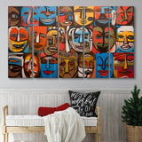 Diffirent Mask Native American Abstract Faces Painting V1 5 Panels B Canvas Prints Wall Art Home Decor, Extra Large Canvas