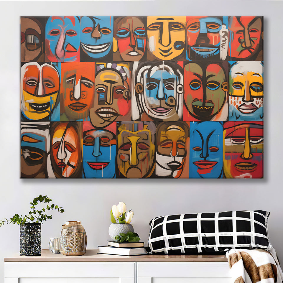 Diffirent Mask Native American Abstract Faces Painting V1 Canvas Prints Wall Art Home Decor, Painting Canvas,Wall Decor