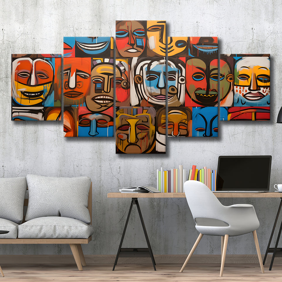 Diffirent Mask Native American Abstract Faces Painting V1 5 Panels Canvas Prints Wall Art Home Decor, Large Mixed Canvas