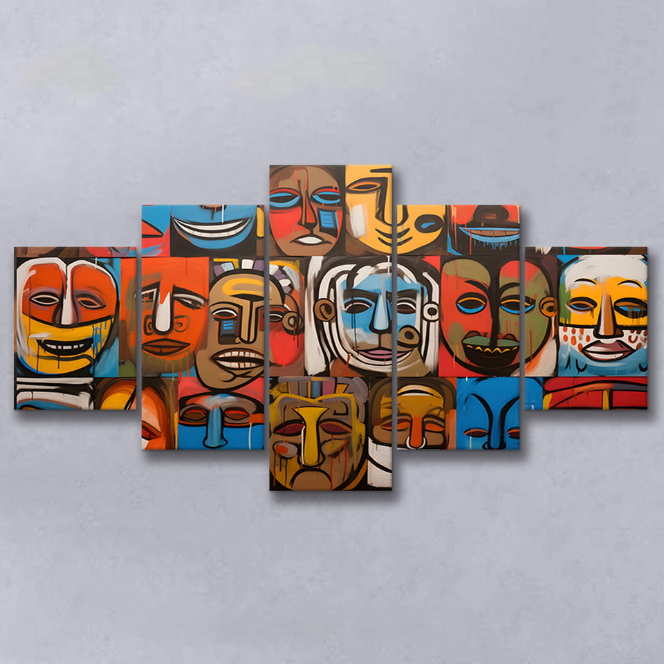 Diffirent Mask Native American Abstract Faces Painting V1 5 Panels Canvas Prints Wall Art Home Decor, Large Mixed Canvas