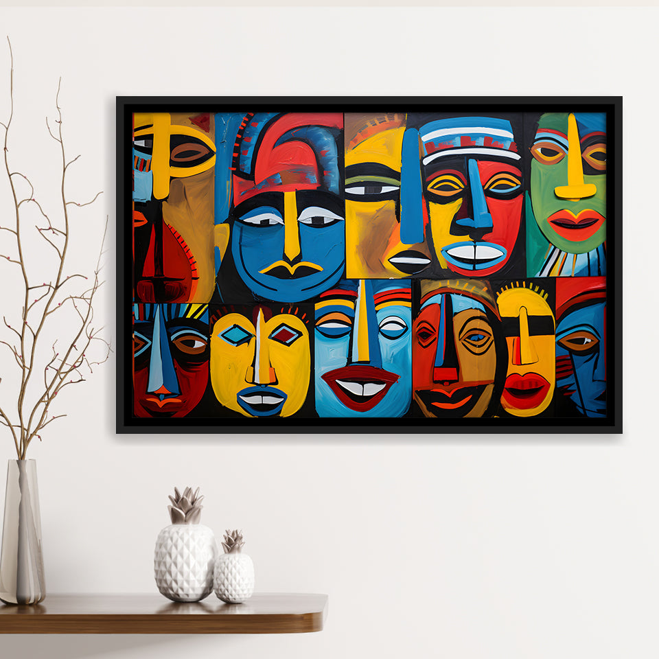 Diffirent Mask Native American Abstract Faces Painting Framed Canvas Prints Wall Art Home Decor, Floating Frame