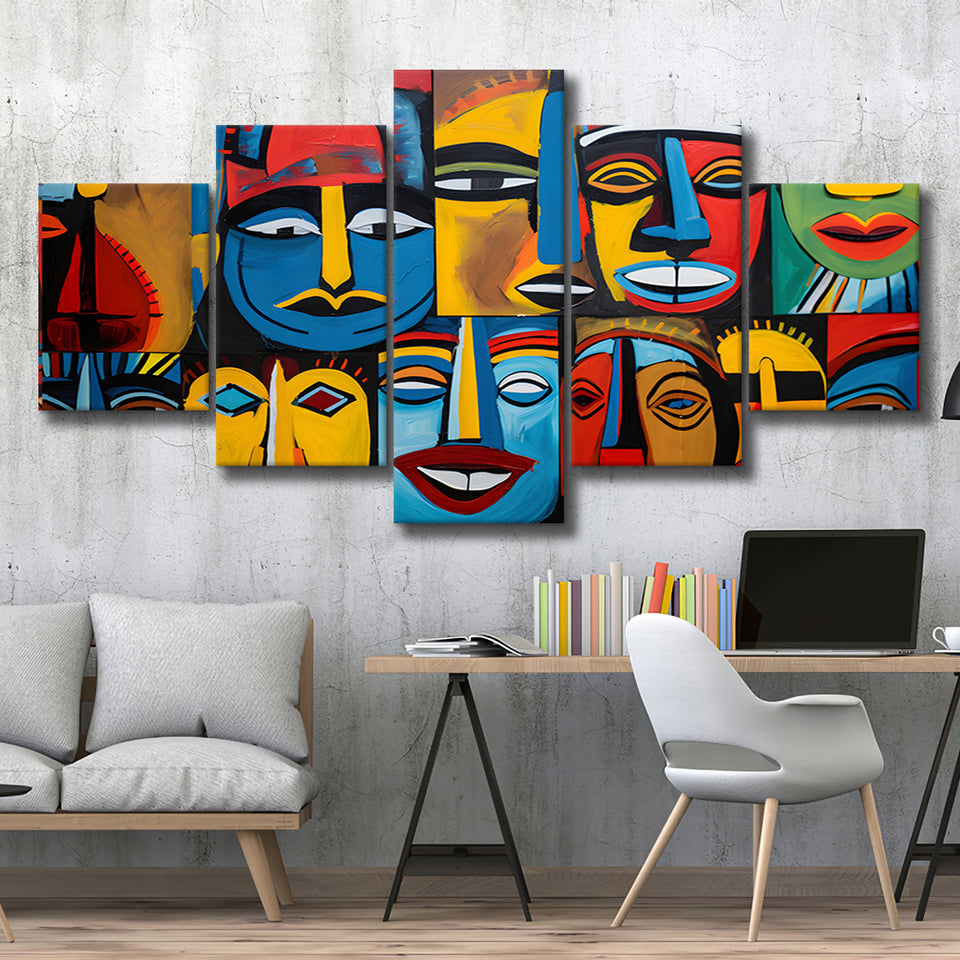Diffirent Mask Native American Abstract Faces Painting 5 Panels Canvas Prints Wall Art Home Decor, Large Mixed Canvas