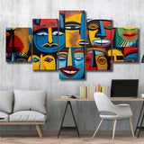 Diffirent Mask Native American Abstract Faces Painting 5 Panels Canvas Prints Wall Art Home Decor, Large Mixed Canvas