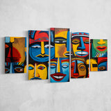 Diffirent Mask Native American Abstract Faces Painting 5 Panels Canvas Prints Wall Art Home Decor, Large Mixed Canvas