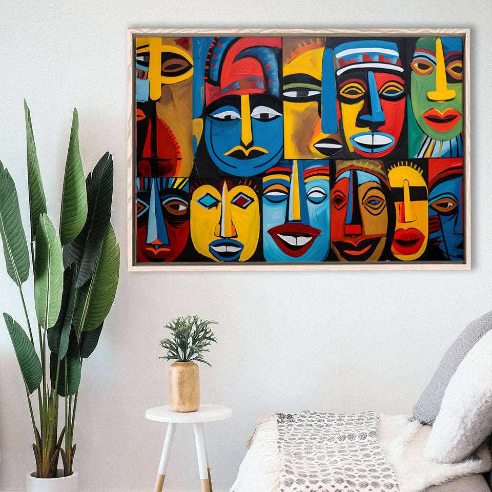 Diffirent Mask Native American Abstract Faces Painting Framed Canvas Prints Wall Art Home Decor, Floating Frame