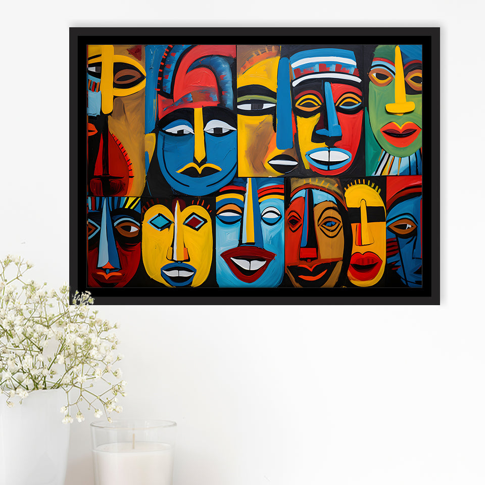 Diffirent Mask Native American Abstract Faces Painting Framed Canvas Prints Wall Art Home Decor, Floating Frame