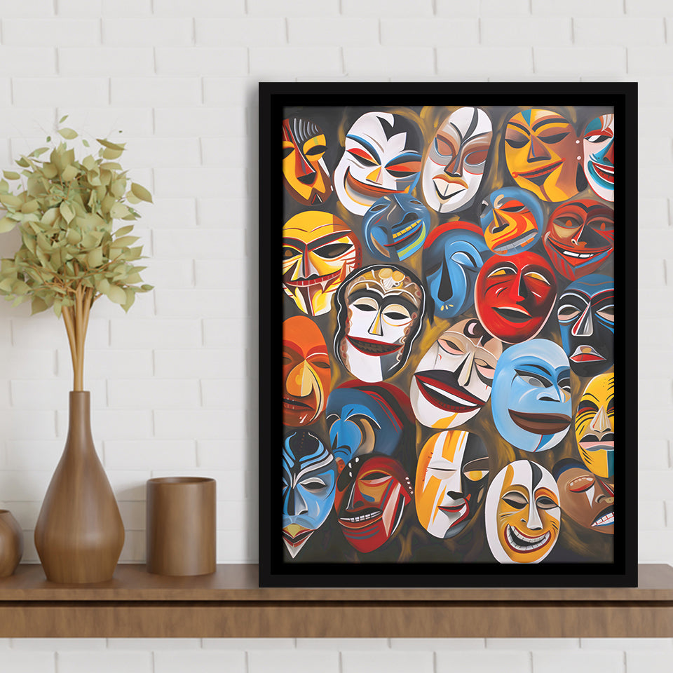 Diffirent Masks Native American Abstract Art Painting Framed Canvas Prints Wall Art Home Decor, Painting Canvas