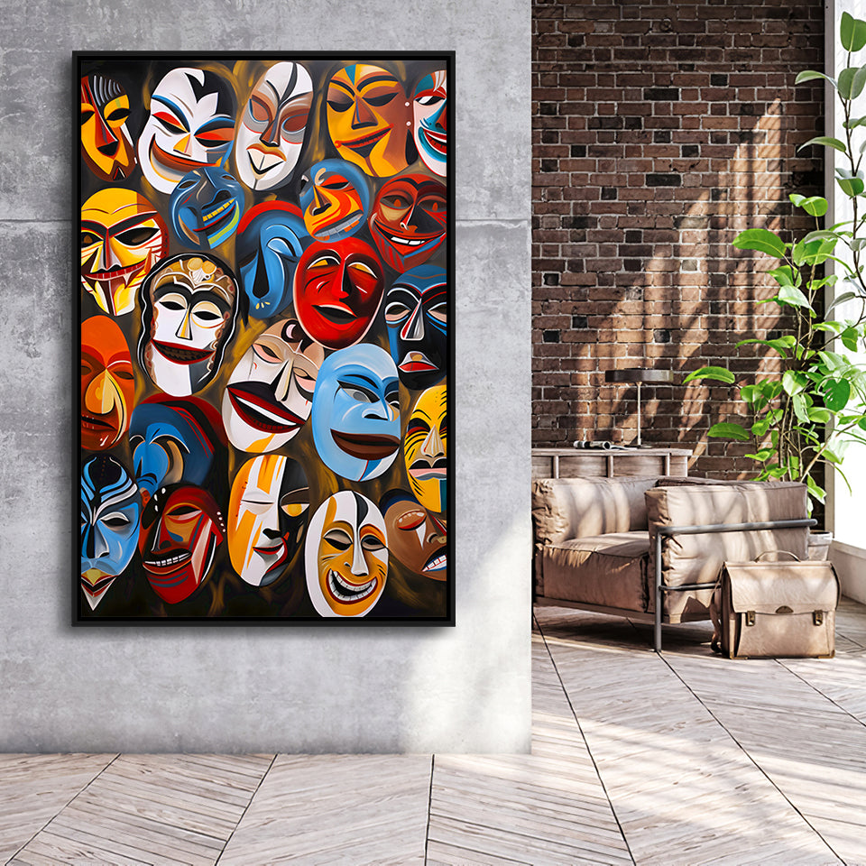 Diffirent Masks Native American Abstract Art Painting Framed Canvas Prints Wall Art Home Decor, Painting Canvas