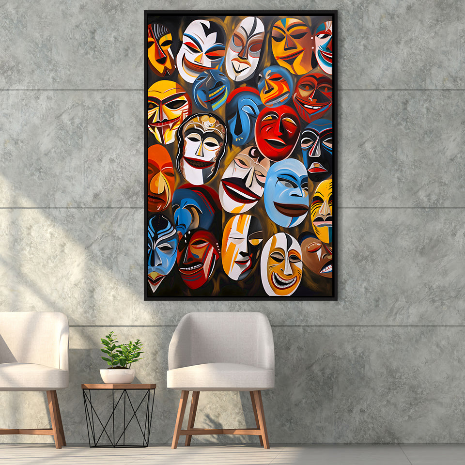 Diffirent Masks Native American Abstract Art Painting Framed Canvas Prints Wall Art Home Decor, Painting Canvas
