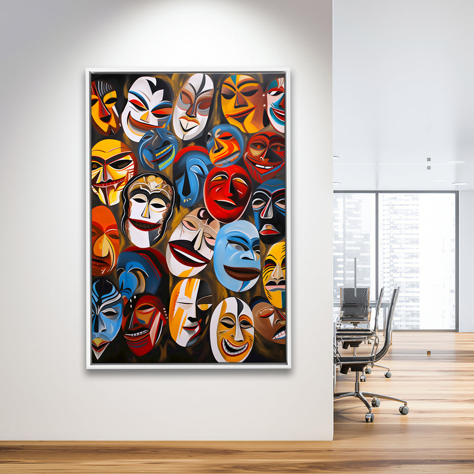 Diffirent Masks Native American Abstract Art Painting Framed Canvas Prints Wall Art Home Decor, Painting Canvas