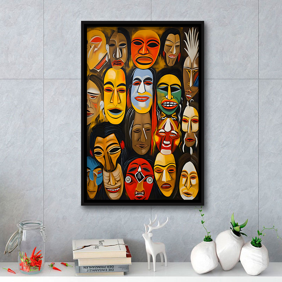 Diffirent Masks Native American Abstract V3 Framed Canvas Prints Wall Art Home Decor, Painting Canvas, Floating Frame