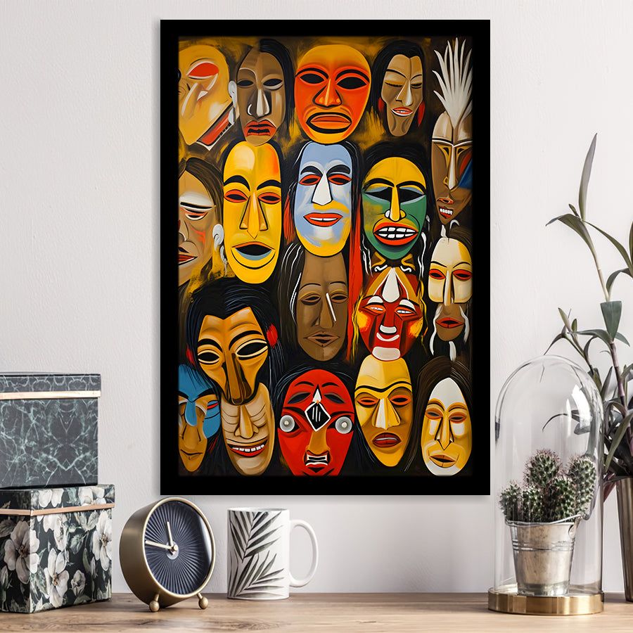 Diffirent Masks Native American Abstract V3 Framed Art Prints Wall Decor, Painting Art, Framed Picture