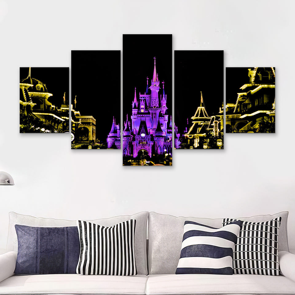 Disney Castle At Night 5 Pieces Canvas Prints Wall Art - Painting Canvas,Wall Decor, Multi Panel,5 Panels
