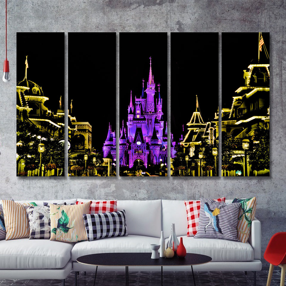Disney Castle At Night 5 Pieces B Canvas Prints Wall Art - Painting Canvas,Wall Decor, Multi Panel,5 Panels