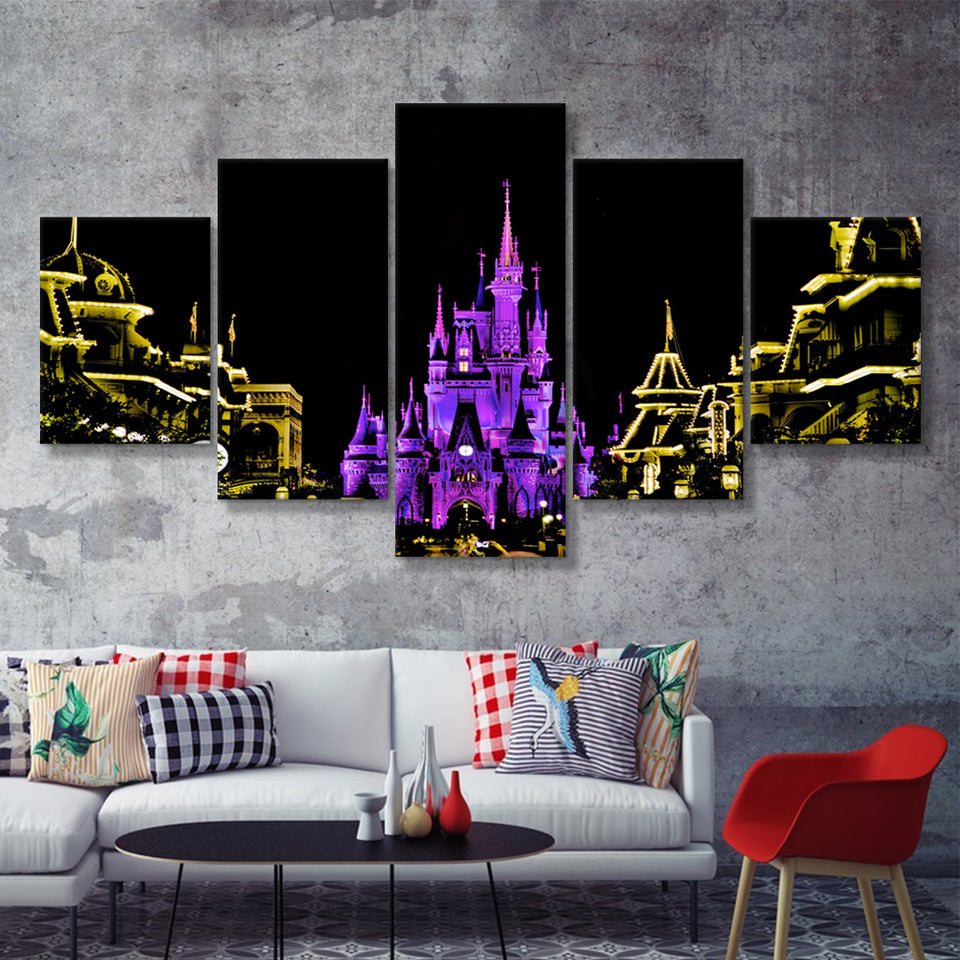 Disney Castle At Night 5 Pieces Canvas Prints Wall Art - Painting Canvas,Wall Decor, Multi Panel,5 Panels