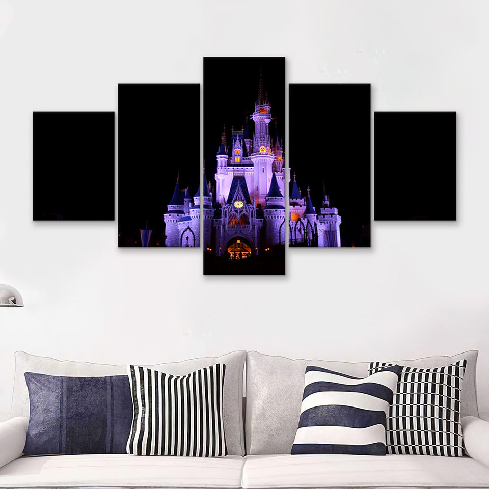 Disney World Cinderella Castle At Night 5 Pieces Canvas Prints Wall Art - Painting Canvas,Wall Decor, Multi Panel,5 Panels