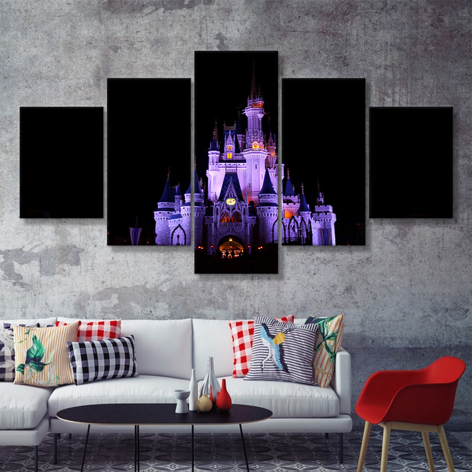 Disney World Cinderella Castle At Night 5 Pieces Canvas Prints Wall Art - Painting Canvas,Wall Decor, Multi Panel,5 Panels