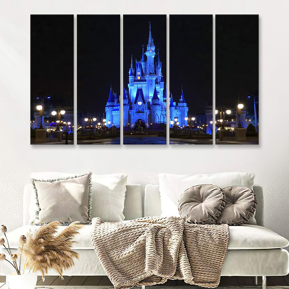 Disney World Cinderella Castle Blue At Night 5 Pieces B Canvas Prints Wall Art - Painting Canvas,Wall Decor, Multi Panel,5 Panels