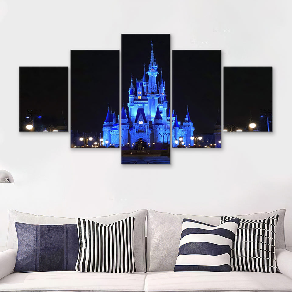 Disney World Cinderella Castle Blue At Night 5 Pieces Canvas Prints Wall Art - Painting Canvas,Wall Decor, Multi Panel,5 Panels