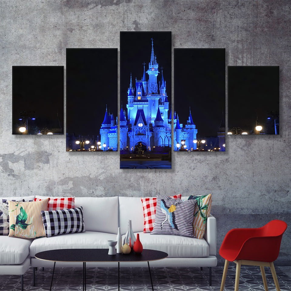 Disney World Cinderella Castle Blue At Night 5 Pieces Canvas Prints Wall Art - Painting Canvas,Wall Decor, Multi Panel,5 Panels