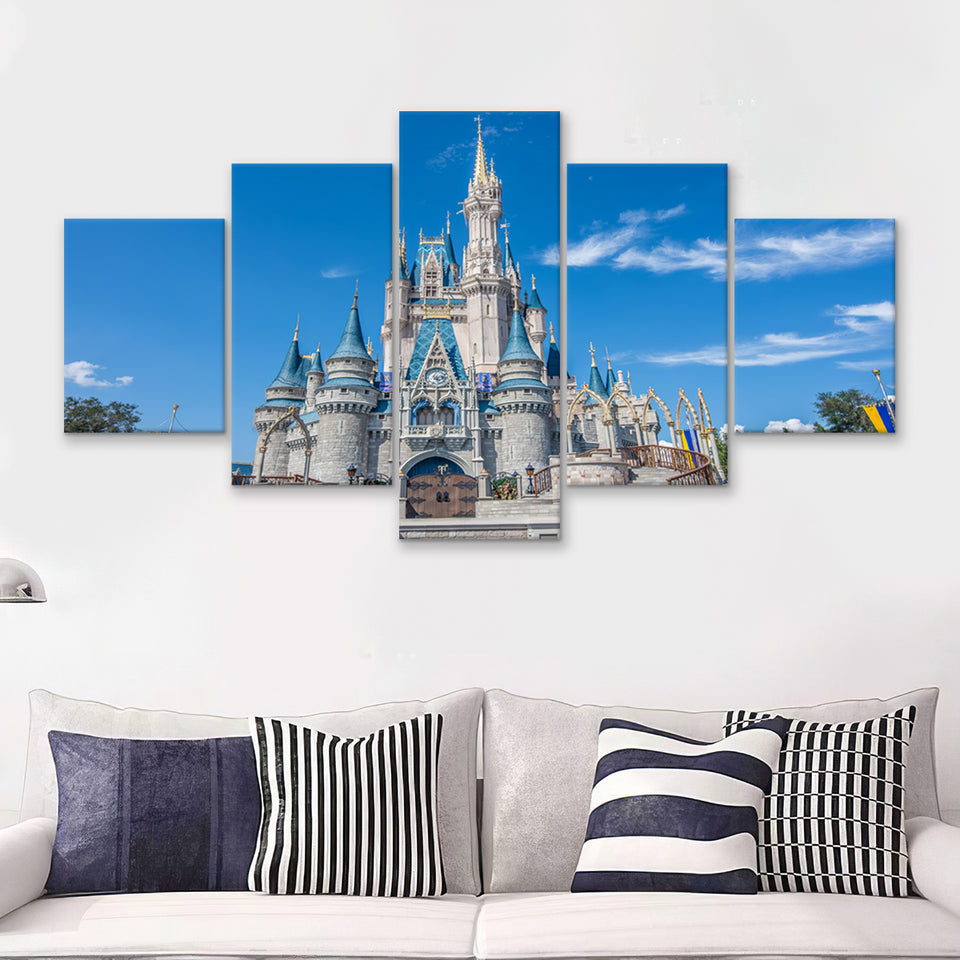 Disney World Cinderella Castle With Blue Sky 5 Pieces Canvas Prints Wall Art - Painting Canvas,Wall Decor, Multi Panel,5 Panels