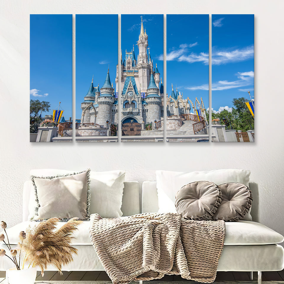 Disney World Cinderella Castle With Blue Sky 5 Pieces B Canvas Prints Wall Art - Painting Canvas,Wall Decor, Multi Panel,5 Panels