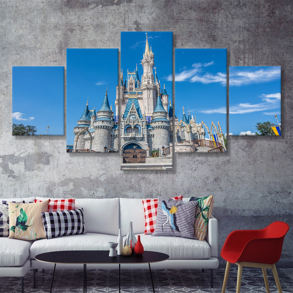Disney World Cinderella Castle With Blue Sky 5 Pieces Canvas Prints Wall Art - Painting Canvas,Wall Decor, Multi Panel,5 Panels