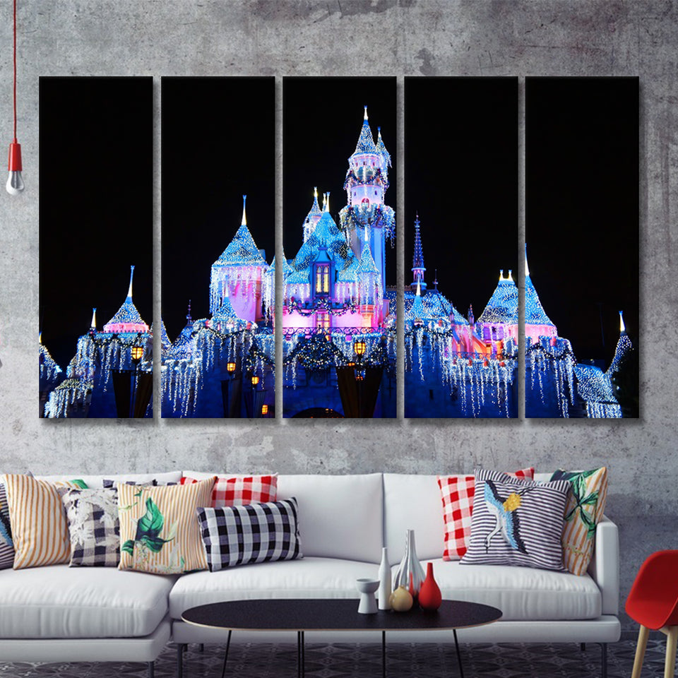 Disney World Cinderella Castle With Leds 5 Pieces B Canvas Prints Wall Art - Painting Canvas,Wall Decor, Multi Panel,5 Panels
