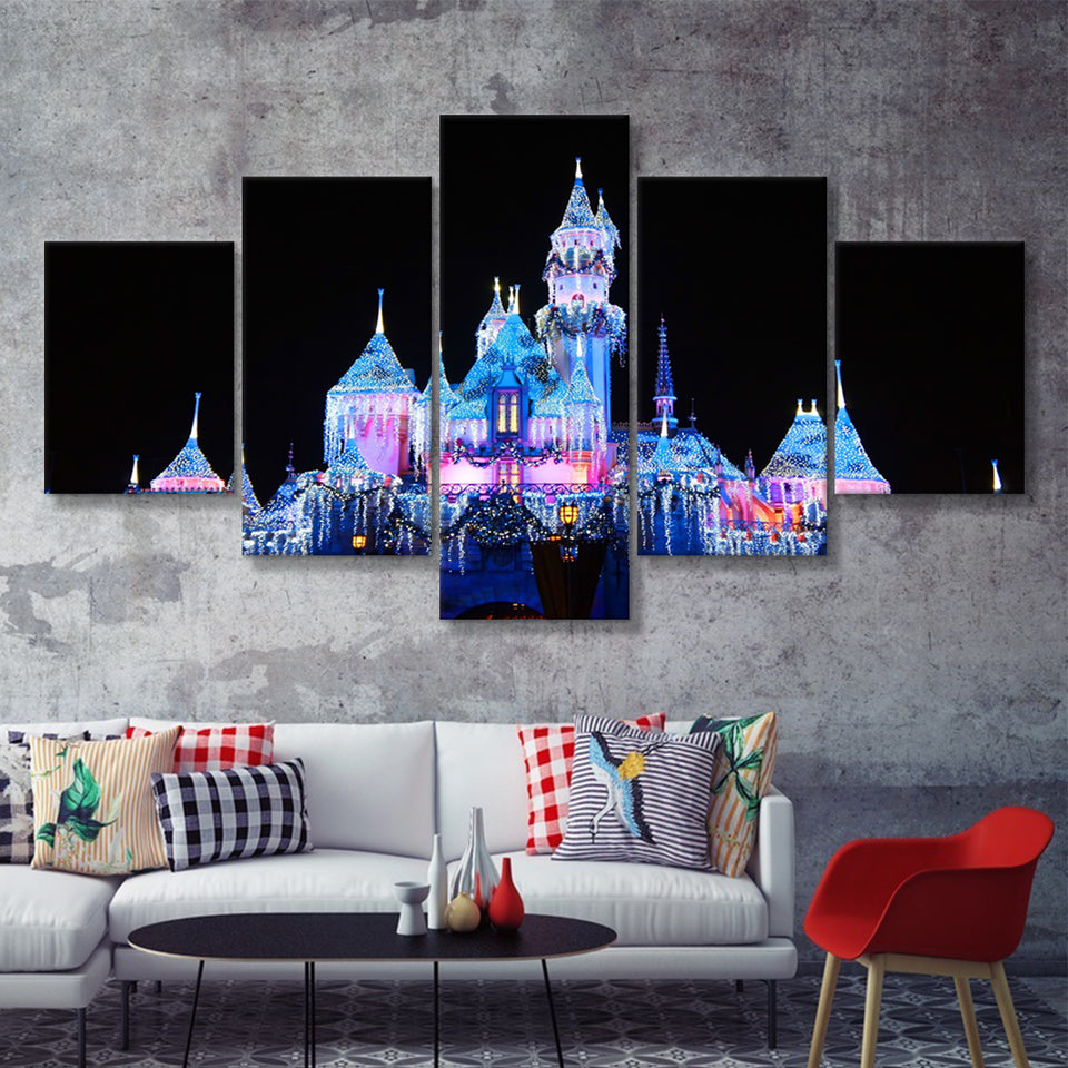 Disney World Cinderella Castle With Leds 5 Pieces Canvas Prints Wall Art - Painting Canvas,Wall Decor, Multi Panel,5 Panels