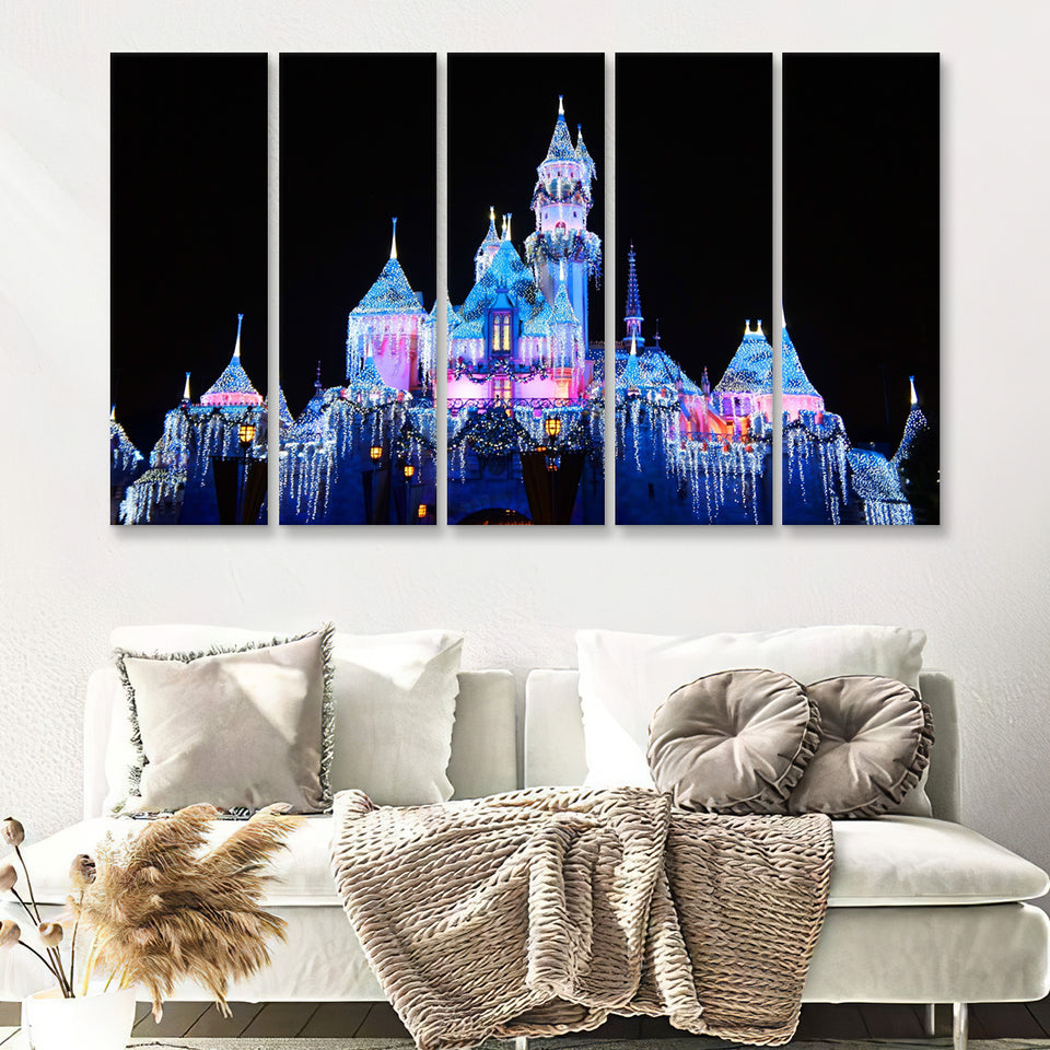 Disney World Cinderella Castle With Leds 5 Pieces B Canvas Prints Wall Art - Painting Canvas,Wall Decor, Multi Panel,5 Panels