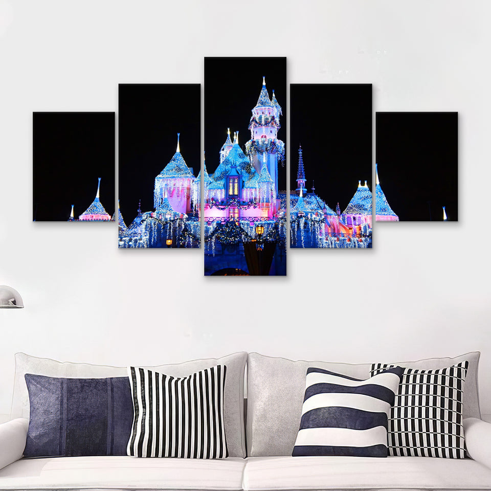 Disney World Cinderella Castle With Leds 5 Pieces Canvas Prints Wall Art - Painting Canvas,Wall Decor, Multi Panel,5 Panels