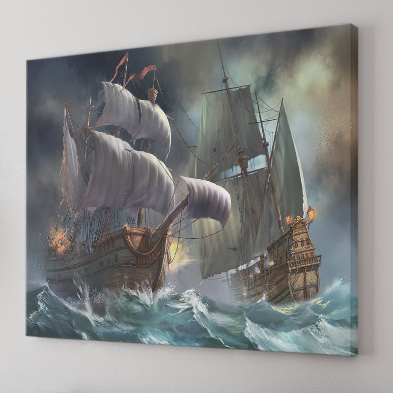 Drawing Pirate Ship Battle Canvas Wall Art - Canvas Prints, Prints For Sale, Painting Canvas,Canvas On Sale