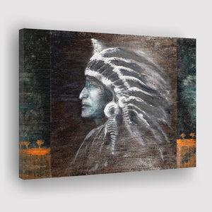 Face Native Americans Feathers Chief Painting Grunge Canvas Prints Wall Art - Painting Canvas, Painting Prints, Home Wall Decor