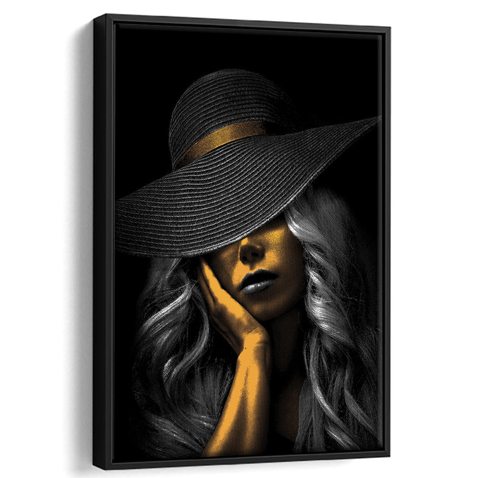 Fantastic Woman Golden Skin In Black Hat Framed Canvas Prints Wall Art Home Decor, Floating Frame