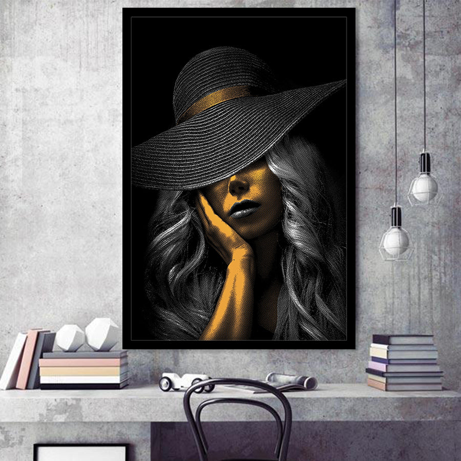 Fantastic Woman Golden Skin In Black Hat Framed Art Print Wall Art Decor,Framed Picture