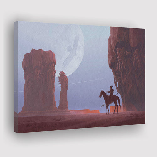 Fantasy Art Moon Native Americans Horse Rock Formation Birds Contrail Canvas Prints Wall Art - Painting Canvas, Painting Prints,Wall Decor