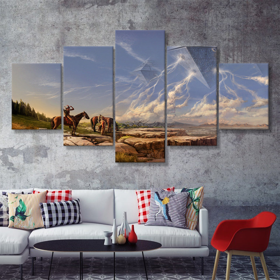 Fantasy Art Native Americans Science Fiction Spaceship 5 Pieces Canvas Prints Wall Art - Painting Canvas, Multi Panels, Wall Decor