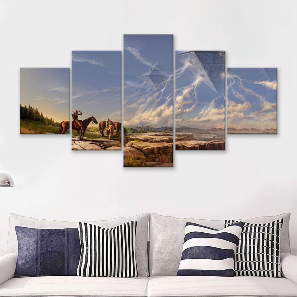 Fantasy Art Native Americans Science Fiction Spaceship 5 Pieces Canvas Prints Wall Art - Painting Canvas, Multi Panels, Wall Decor