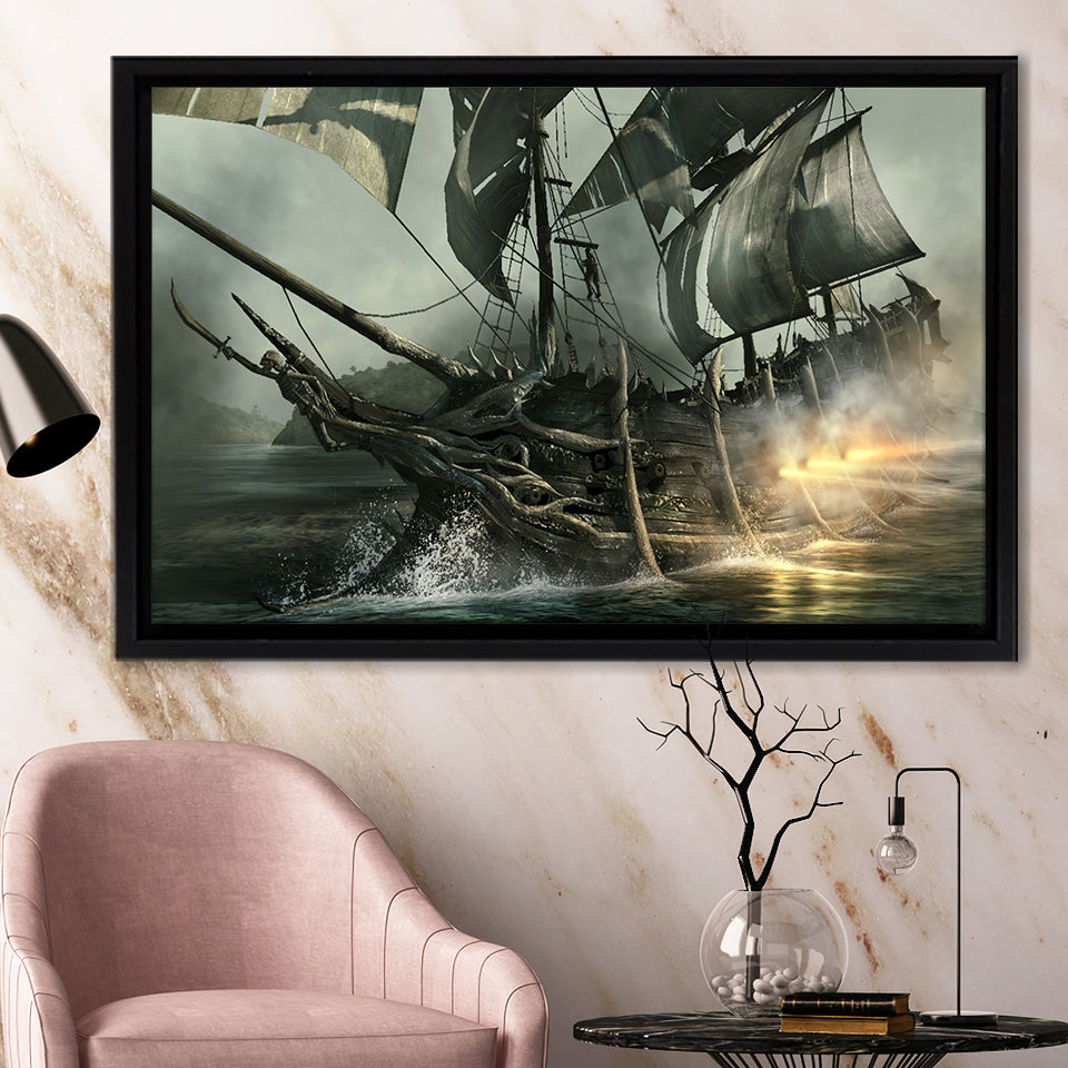 Fantasy Pirate Ship Art 11 Framed Canvas Prints Wall Art - Painting Canvas, Home Wall Decor, Prints for Sale,Black Frame
