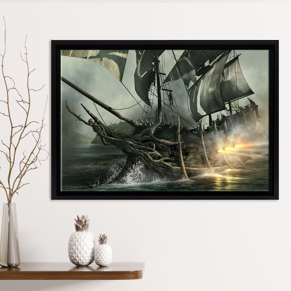 Fantasy Pirate Ship Art 11 Framed Canvas Prints Wall Art - Painting Canvas, Home Wall Decor, Prints for Sale,Black Frame