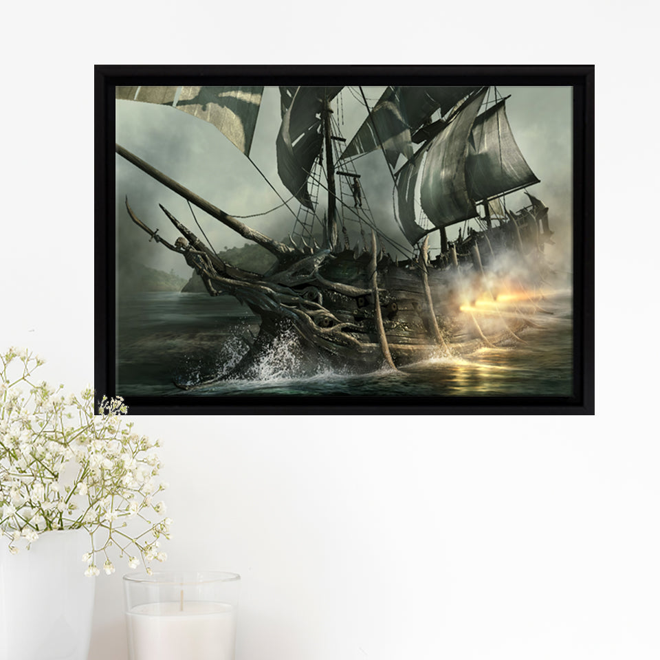 Fantasy Pirate Ship Art 11 Framed Canvas Prints Wall Art - Painting Canvas, Home Wall Decor, Prints for Sale,Black Frame