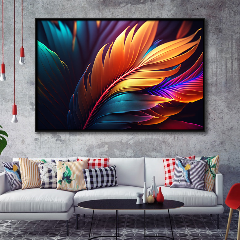 Feathers Colorful Wall Art Framed Canvas Prints Wall Art Home Decor - Painting Canvas, Black Frame, Framed Picture