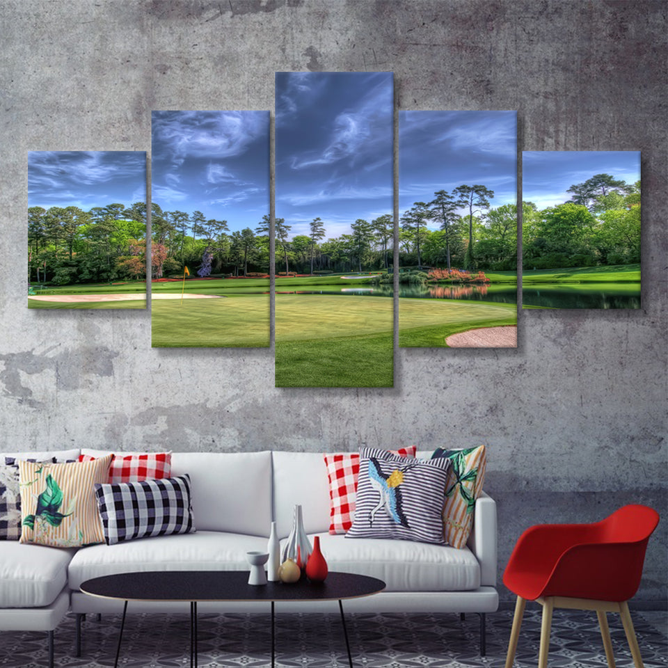 Field Golf Course Trees Landscape 5 Pieces Canvas Prints Wall Art - Painting Canvas, Multi Panel