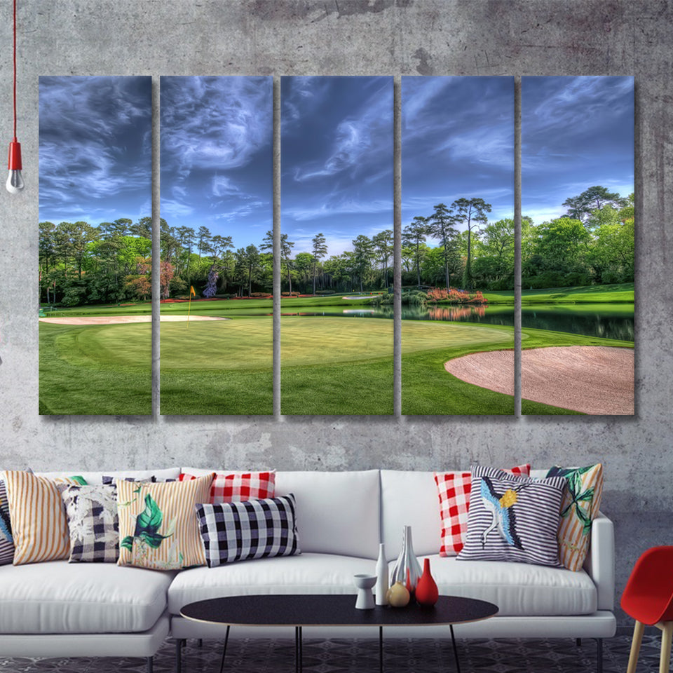Field Golf Course Trees Landscape 5 Pieces B Canvas Prints Wall Art - Painting Canvas, Multi Panel